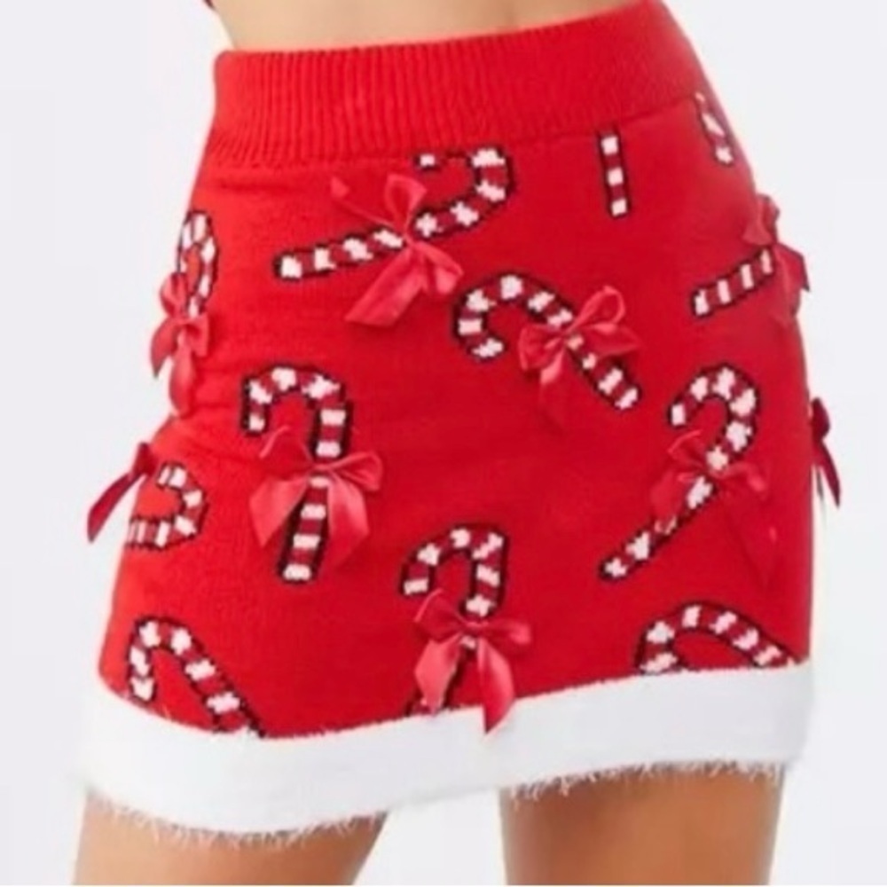 Christmas Red Knit Candy Cane Mini Skirt M Red Knit Red Bows Size Medium NWT - Picture 14 of 15